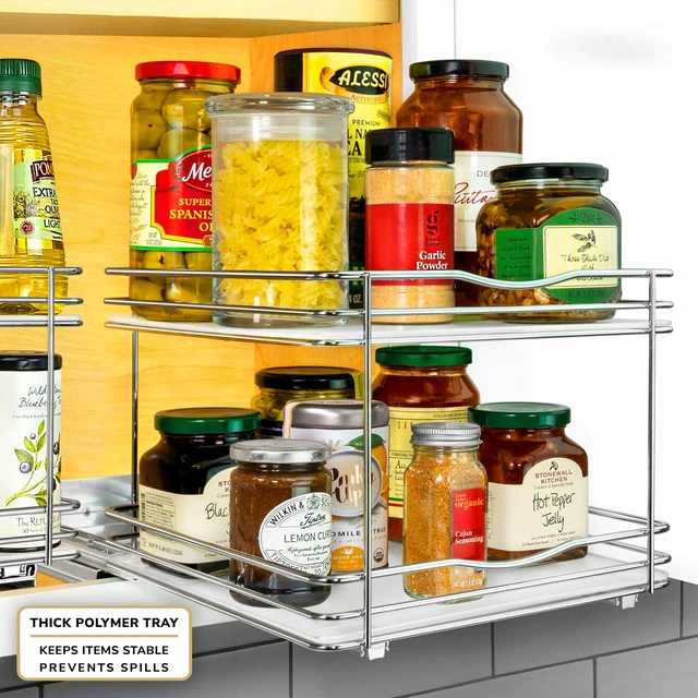 Alt view image 6 of 7 - Pull Out Spice Organization for Cabinets - 10-3/8 inch Wide Spice Rack for Inside Cabinets, Slide Out Spice Rack Organizer for cabinet Pull Out Spice Rack, Sliding 2 Tier Chrome