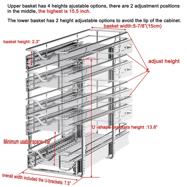 Alt view image 2 of 7 - Pull Out Cabinet Organizer (7-1/2" W x 21-1/2"D), Cabinet Pull Out Shelves, 2 Tier Pull Out Drawers for Kitchen Cabinets, Wire Basket Slide Out Shelf for Cabinet Organization