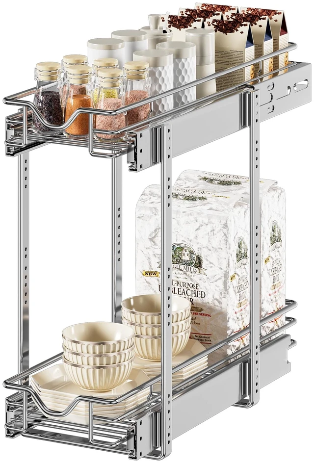 Main image of Pull Out Cabinet Organizer (7-1/2" W x 21-1/2"D), Cabinet Pull Out Shelves, 2 Tier Pull Out Drawers for Kitchen Cabinets, Wire Basket Slide Out Shelf for Cabinet Organization