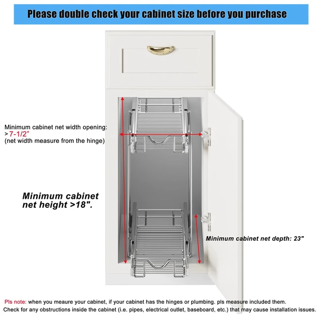 Alt view image 3 of 7 - Pull Out Cabinet Organizer (7-1/2" W x 21-1/2"D), Cabinet Pull Out Shelves, 2 Tier Pull Out Drawers for Kitchen Cabinets, Wire Basket Slide Out Shelf for Cabinet Organization