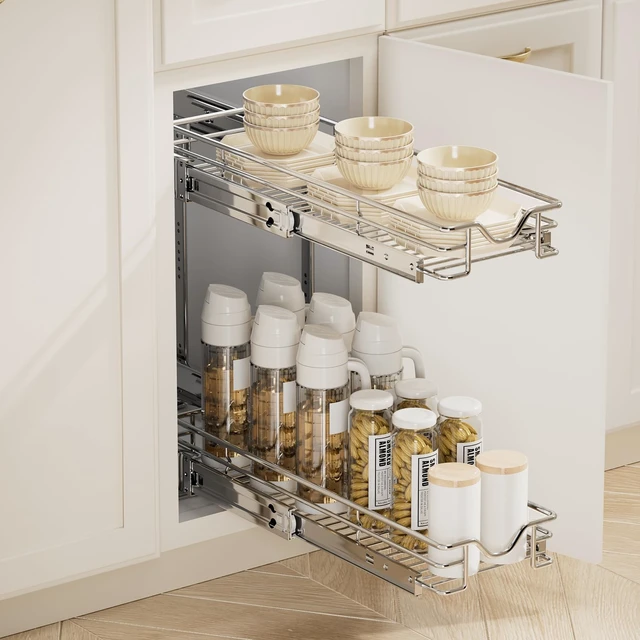 Alt view image 4 of 7 - Pull Out Cabinet Organizer (7-1/2" W x 21-1/2"D), Cabinet Pull Out Shelves, 2 Tier Pull Out Drawers for Kitchen Cabinets, Wire Basket Slide Out Shelf for Cabinet Organization