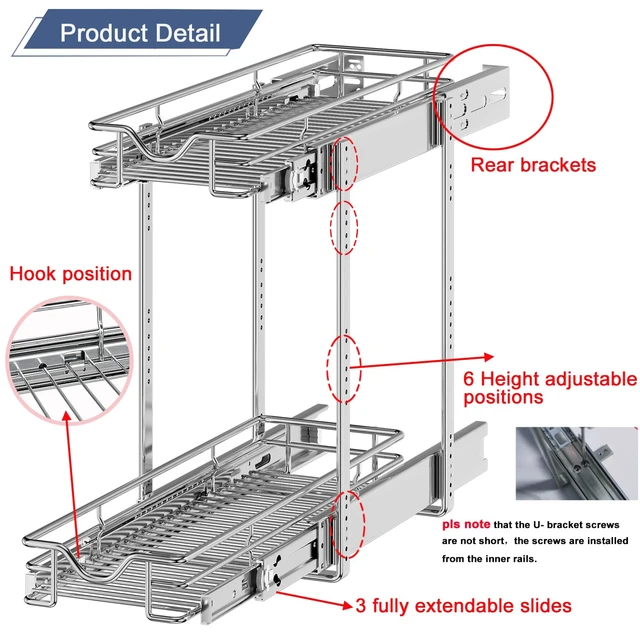 Alt view image 6 of 7 - Pull Out Cabinet Organizer (7-1/2" W x 21-1/2"D), Cabinet Pull Out Shelves, 2 Tier Pull Out Drawers for Kitchen Cabinets, Wire Basket Slide Out Shelf for Cabinet Organization