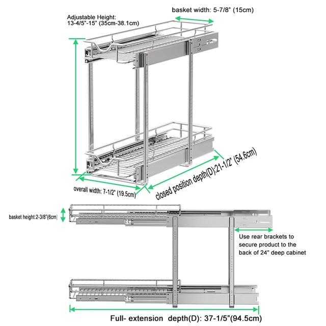 Alt view image 5 of 7 - Pull Out Cabinet Organizer (7-1/2" W x 21-1/2"D), Cabinet Pull Out Shelves, 2 Tier Pull Out Drawers for Kitchen Cabinets, Wire Basket Slide Out Shelf for Cabinet Organization