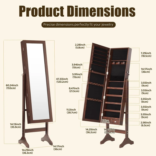 Alt view image 2 of 7 - Freestanding Jewelry Organizer Cabinet with Full Length Mirror | Standing Jewelry Armoire, Lockable, 47.3" Mirror with Storage, 2 Drawers, 3 Adjustable Angles (13°/23°/30°), Rustic Brown