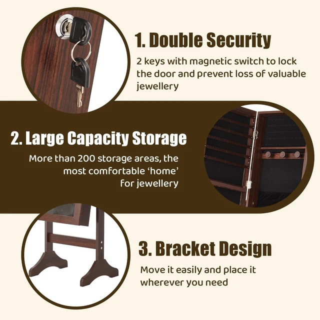 Alt view image 4 of 7 - Freestanding Jewelry Organizer Cabinet with Full Length Mirror | Standing Jewelry Armoire, Lockable, 47.3" Mirror with Storage, 2 Drawers, 3 Adjustable Angles (13°/23°/30°), Rustic Brown