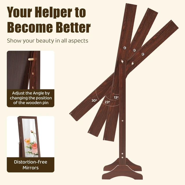 Alt view image 5 of 7 - Freestanding Jewelry Organizer Cabinet with Full Length Mirror | Standing Jewelry Armoire, Lockable, 47.3" Mirror with Storage, 2 Drawers, 3 Adjustable Angles (13°/23°/30°), Rustic Brown