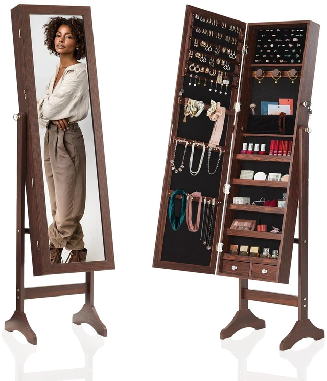 Alt view image 7 of 7 - Freestanding Jewelry Organizer Cabinet with Full Length Mirror | Standing Jewelry Armoire, Lockable, 47.3" Mirror with Storage, 2 Drawers, 3 Adjustable Angles (13°/23°/30°), Rustic Brown