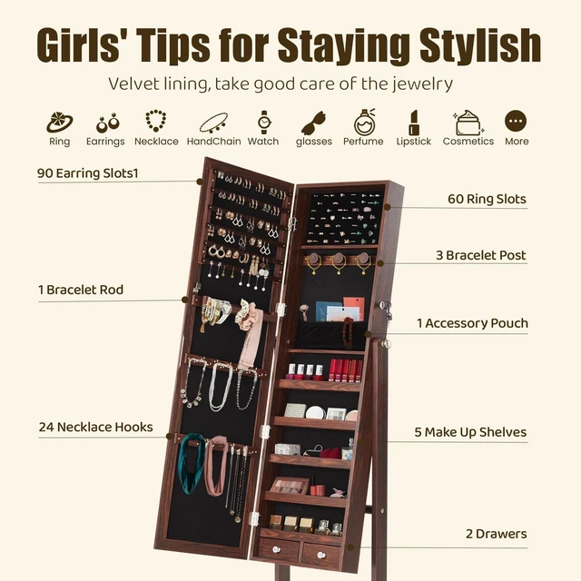 Alt view image 3 of 7 - Freestanding Jewelry Organizer Cabinet with Full Length Mirror | Standing Jewelry Armoire, Lockable, 47.3" Mirror with Storage, 2 Drawers, 3 Adjustable Angles (13°/23°/30°), Rustic Brown