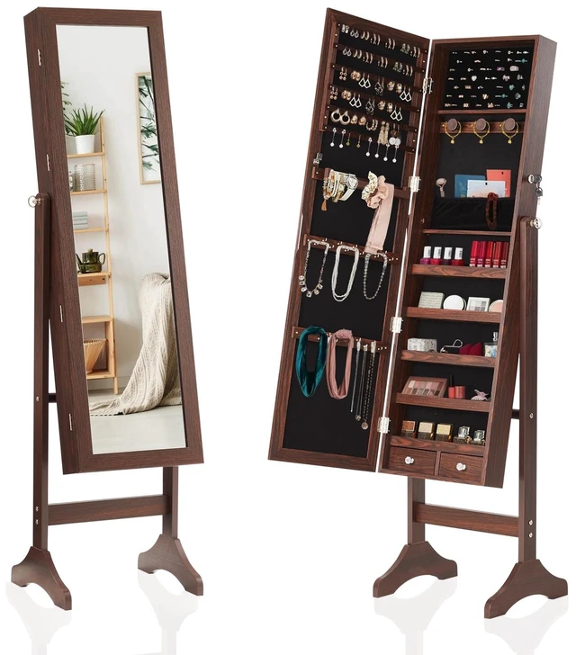 Main image of Freestanding Jewelry Organizer Cabinet with Full Length Mirror | Standing Jewelry Armoire, Lockable, 47.3" Mirror with Storage, 2 Drawers, 3 Adjustable Angles (13°/23°/30°), Rustic Brown