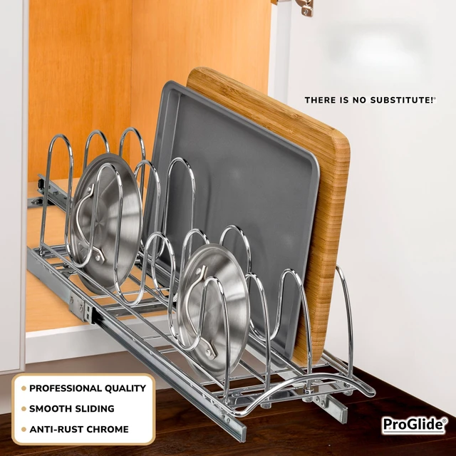 Alt view image 2 of 6 - Pull Out Pot and Pan Lid Organizer Under Cabinet - Lifetime Ltd. Warranty Cookie Sheet Organizer for Cabinet Narrow Slide Out Baking Sheet Organizer Drawer 7.25W x 21D, Chrome