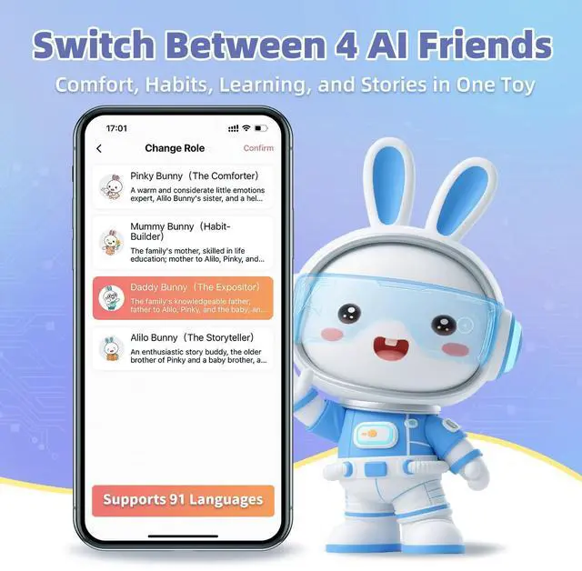 Alt view image 5 of 7 - SOEWIOU AI Toys for Kids, Smart Companion with Real-Time Voice, 4 Agents & 91 Languages, Preloaded 48 Bunny English/50 Stories/66 Music/28 Lullabies/34 Classical Tunes, Bluetooth Speaker
