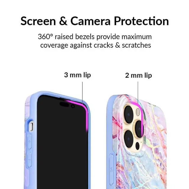 Alt view image 3 of 7 - SOEWIOU for iPhone 14 Pro Case Marble - Girly Cute Protective Cover for Women - Compatible with MagSafe - 10ft Drop Tested - Holographic, Blue, Pink