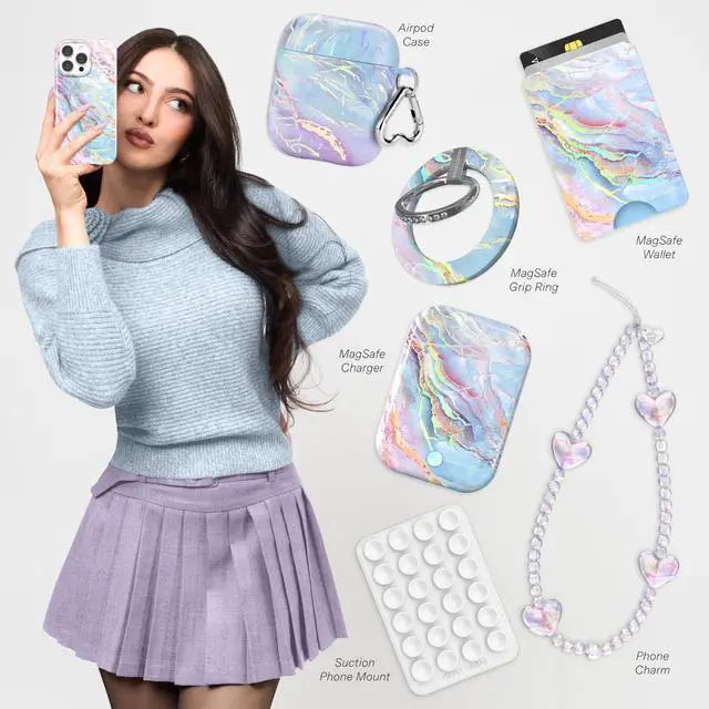 Alt view image 2 of 7 - SOEWIOU for iPhone 14 Pro Case Marble - Girly Cute Protective Cover for Women - Compatible with MagSafe - 10ft Drop Tested - Holographic, Blue, Pink