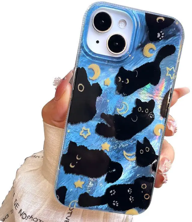 Main image of SOEWIOU iPhone 13/14 Case, Black Cat Design, Slim Silicone Bumper Case, Wireless Charging Compatible