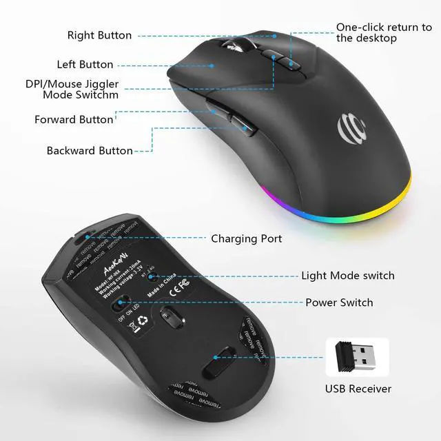 Alt view image 2 of 7 - SOEWIOU Wireless Bluetooth Mouse, Rechargeable USB Optical Mouse, 3 Adjustable DPI, LED Silent Dual Mode(Bluetooth 5.2 and 2.4G) Wireless Mouse for Laptop, PC, MacIpadWide Compatibility. (Black)
