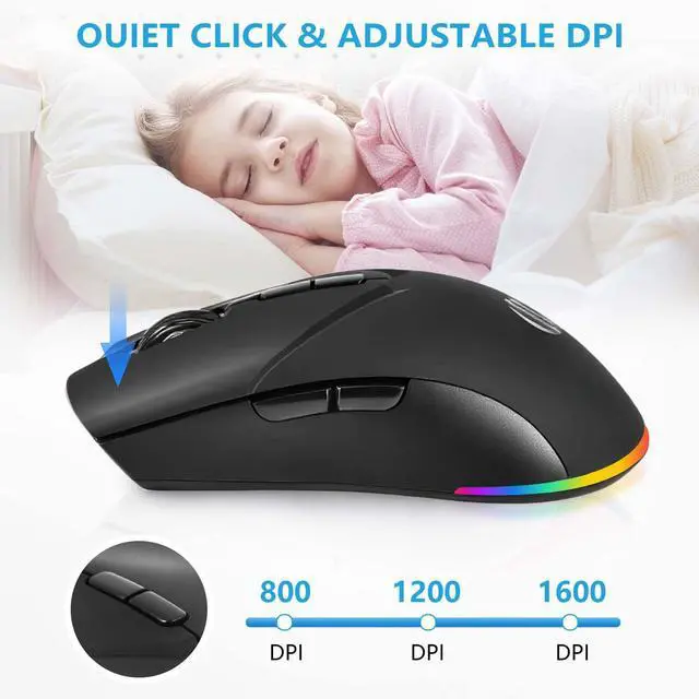 Alt view image 4 of 7 - SOEWIOU Wireless Bluetooth Mouse, Rechargeable USB Optical Mouse, 3 Adjustable DPI, LED Silent Dual Mode(Bluetooth 5.2 and 2.4G) Wireless Mouse for Laptop, PC, MacIpadWide Compatibility. (Black)