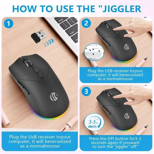 Alt view image 3 of 7 - SOEWIOU Wireless Bluetooth Mouse, Rechargeable USB Optical Mouse, 3 Adjustable DPI, LED Silent Dual Mode(Bluetooth 5.2 and 2.4G) Wireless Mouse for Laptop, PC, MacIpadWide Compatibility. (Black)