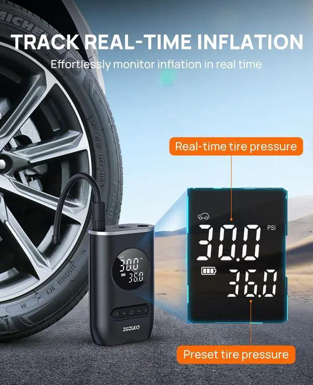Alt view image 3 of 7 - VAREQOY Tire Inflator Portable Air Compressor - ZGZUXO 150PSI Cordless Air Pump for Car Tires with Pressure Gauge LED Light, Electric Bike Tire Pump for Car Motorcycle Bicycle Ball, Auto Shut-Off