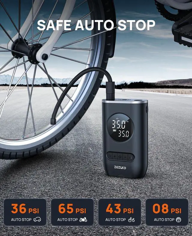 Alt view image 4 of 7 - VAREQOY Tire Inflator Portable Air Compressor - ZGZUXO 150PSI Cordless Air Pump for Car Tires with Pressure Gauge LED Light, Electric Bike Tire Pump for Car Motorcycle Bicycle Ball, Auto Shut-Off