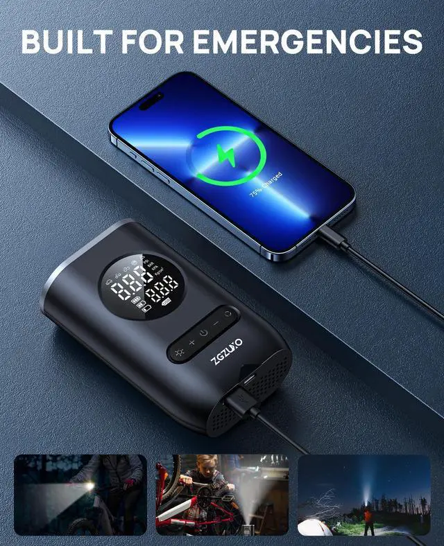 Alt view image 5 of 7 - VAREQOY Tire Inflator Portable Air Compressor - ZGZUXO 150PSI Cordless Air Pump for Car Tires with Pressure Gauge LED Light, Electric Bike Tire Pump for Car Motorcycle Bicycle Ball, Auto Shut-Off