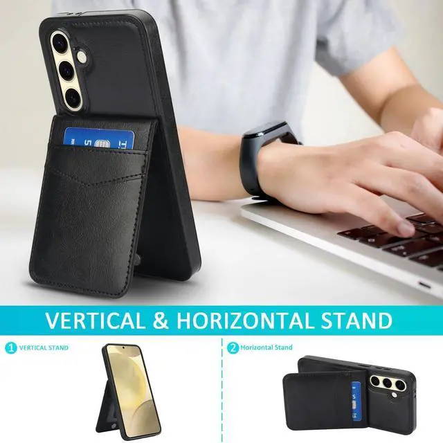 Alt view image 2 of 7 - SOEWIOU Phone Case for Galaxy S24 FE 5G with Tempered Glass Screen Protector and Credit Card Holder Wallet Cover Stand Leather Cell Accessories S 24 EF S24FE 24S Women Men Black