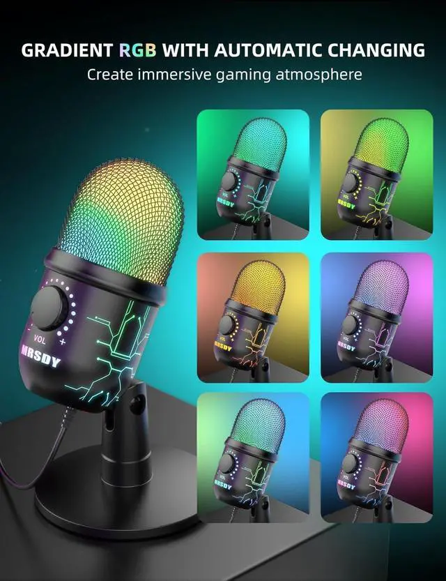 Alt view image 10 of 14 - Gaming Microphone, USB Computer Microphone for PC, Mac, PS4/5, Condenser Podcast Mic for Studio Recording, YouTube, Streaming, with Headphone Jack, Led Light, Mute, Gain, Noise Cancellation