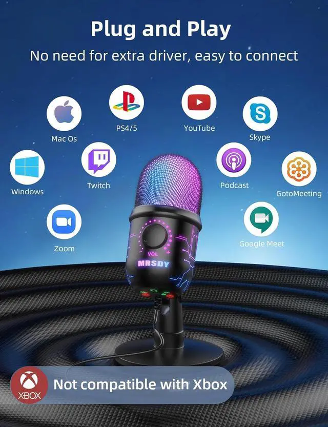 Alt view image 13 of 14 - Gaming Microphone, USB Computer Microphone for PC, Mac, PS4/5, Condenser Podcast Mic for Studio Recording, YouTube, Streaming, with Headphone Jack, Led Light, Mute, Gain, Noise Cancellation