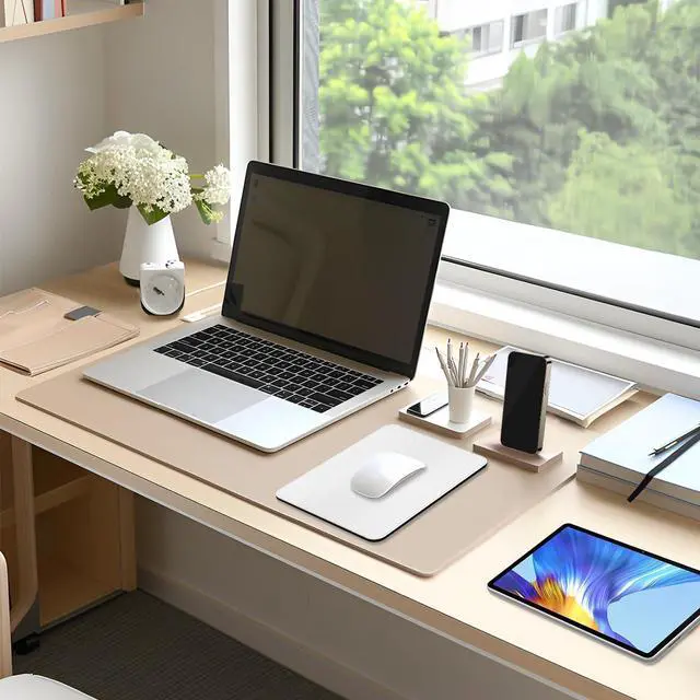 Alt view image 14 of 14 - SOEWIOU Leather Mouse Pad, Office Mouse Mat Non-Slip Rubber Base Stitched Edge Washable Waterproof Rectangular Mousepad for Office Gaming PC Laptop, 9.8" x 7.9", White