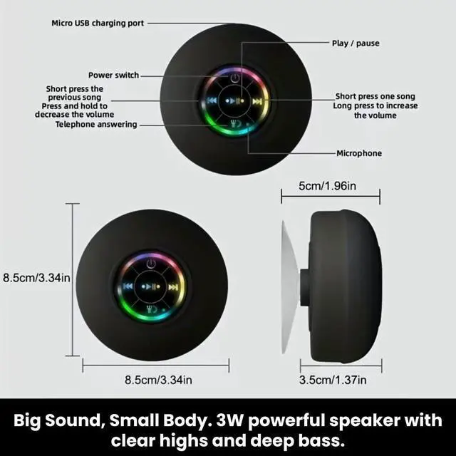 Alt view image 11 of 14 - Luzsco Bluetooth Shower Speaker with LED Portable Wireless Mini Speaker with Mic & Suction Cup, IPX4 Water Resistant for Shower, Travel, Pool, River Floating, and Outdoor Fun (Black)