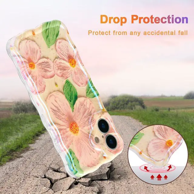 Alt view image 10 of 14 - SOEWIOU Case for iPhone 17, Colorful Retro Oil Painting Flower Leaf Laser Glossy Pattern Cute Curly Waves Edge Exquisite Phone Cover Stylish Durable TPU Protective Case for Women - Pink Green