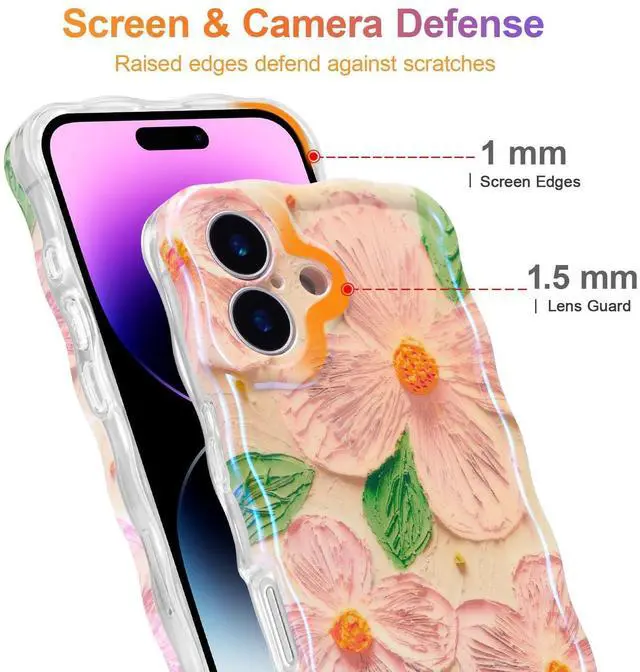 Alt view image 11 of 14 - SOEWIOU Case for iPhone 17, Colorful Retro Oil Painting Flower Leaf Laser Glossy Pattern Cute Curly Waves Edge Exquisite Phone Cover Stylish Durable TPU Protective Case for Women - Pink Green