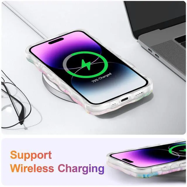 Alt view image 13 of 14 - SOEWIOU Case for iPhone 17, Colorful Retro Oil Painting Flower Leaf Laser Glossy Pattern Cute Curly Waves Edge Exquisite Phone Cover Stylish Durable TPU Protective Case for Women - Pink Green