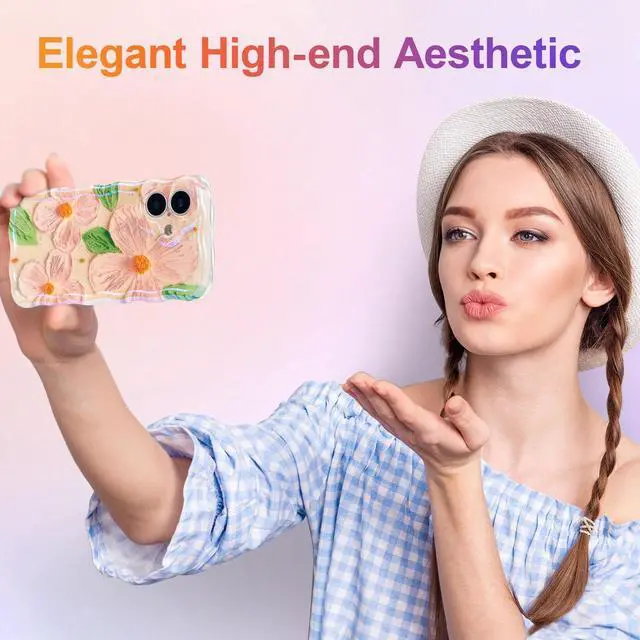 Alt view image 14 of 14 - SOEWIOU Case for iPhone 17, Colorful Retro Oil Painting Flower Leaf Laser Glossy Pattern Cute Curly Waves Edge Exquisite Phone Cover Stylish Durable TPU Protective Case for Women - Pink Green