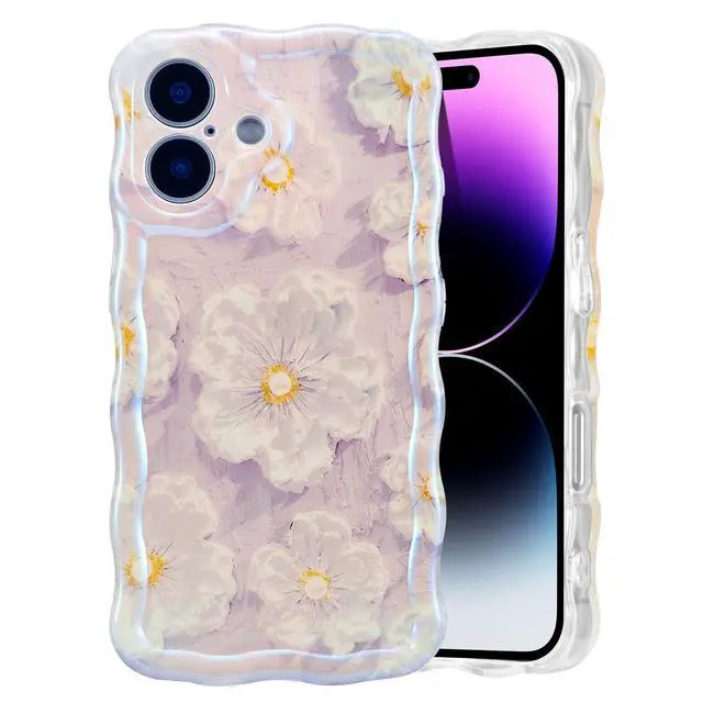 Alt view image 8 of 14 - SOEWIOU Case for iPhone 16 Plus, Colorful Retro Oil Painting Flower Laser Glossy Pattern Cute Curly Wave Edge Exquisite Phone Cover Stylish Durable TPU Protective Case for Girl Women - Light Purple