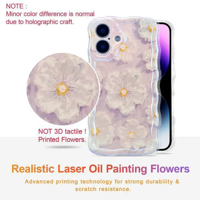 Alt view image 9 of 14 - SOEWIOU Case for iPhone 16 Plus, Colorful Retro Oil Painting Flower Laser Glossy Pattern Cute Curly Wave Edge Exquisite Phone Cover Stylish Durable TPU Protective Case for Girl Women - Light Purple
