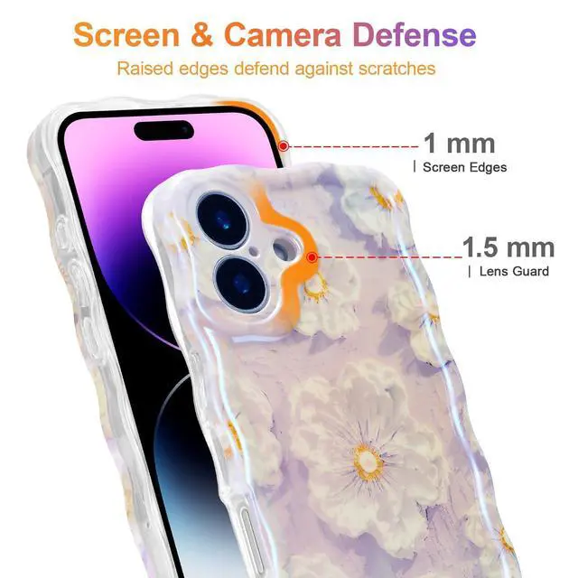 Alt view image 11 of 14 - SOEWIOU Case for iPhone 16 Plus, Colorful Retro Oil Painting Flower Laser Glossy Pattern Cute Curly Wave Edge Exquisite Phone Cover Stylish Durable TPU Protective Case for Girl Women - Light Purple