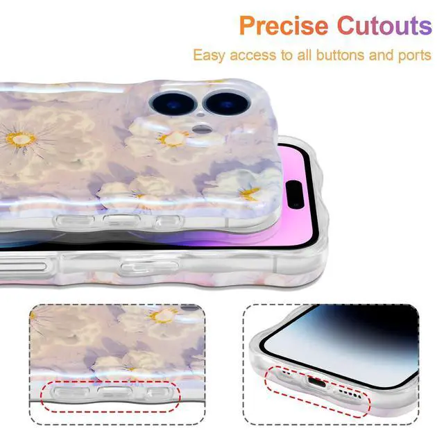 Alt view image 12 of 14 - SOEWIOU Case for iPhone 16 Plus, Colorful Retro Oil Painting Flower Laser Glossy Pattern Cute Curly Wave Edge Exquisite Phone Cover Stylish Durable TPU Protective Case for Girl Women - Light Purple