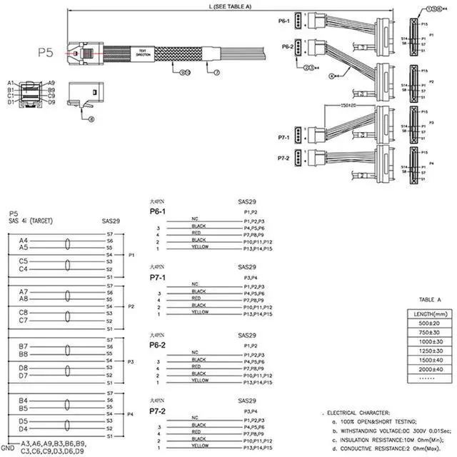 Alt view image 6 of 6 - SOEWIOU Mini SAS HD SFF-8643 to 4X SAS SFF-8482 Server Cable 12Gbps Server Internal High-Speed Cable | 30AWG | with Power Cable (19.68, Inches)