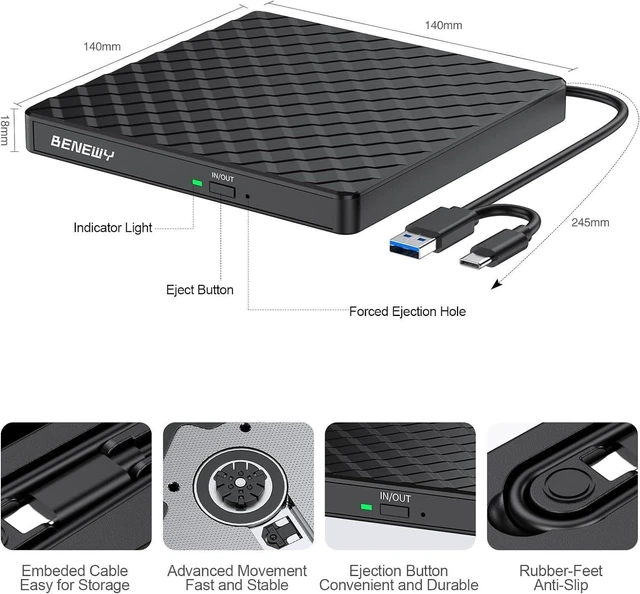 Alt view image 10 of 14 - SOEWIOU CD DVD Drive, USB 3.0 Portable CD Burner +/-RW Drive DVD Player CD ROM SOEWIOU DVD Drive for Laptop, Lecteur CD/DVD Externe for Laptop Desktop PC Windows 11/10/8.1/7 Linux OS Mac MacBook