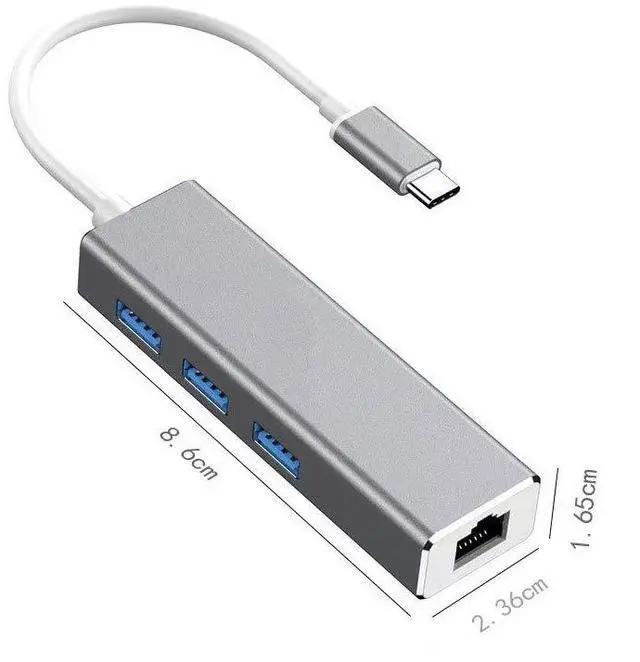 Main image of SOEWIOU USB3.0 Hub (3*USB2.0 Ports), 100Mbps Ethernet Card, Aluminum Alloy Body (Gray), Type-C Docking Station, RJ45 Converter, Computer Hub for Laptop/Desktop PC (Type-C to RJ45)