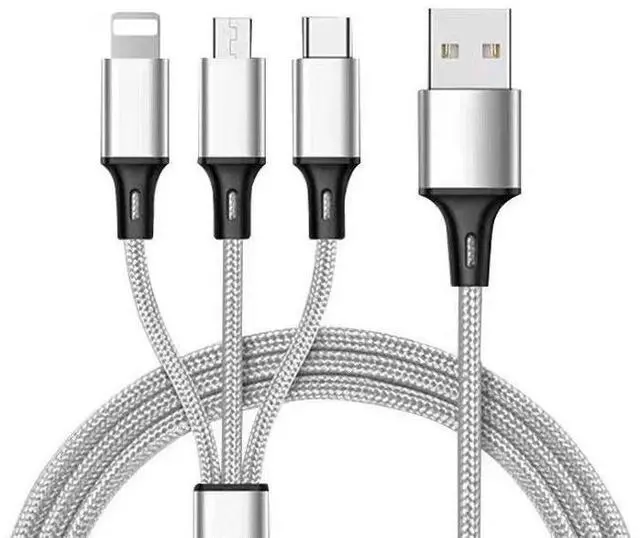 Main image of SOEWIOU 3A Fast Charging Braided 3-in-1 Cable, Multi Charger Cord for iPhone, Android, Type-C, Silver 47.24in