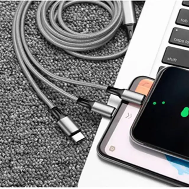 Alt view image 2 of 3 - SOEWIOU 3A Fast Charging Braided 3-in-1 Cable, Multi Charger Cord for iPhone, Android, Type-C, Silver 47.24in