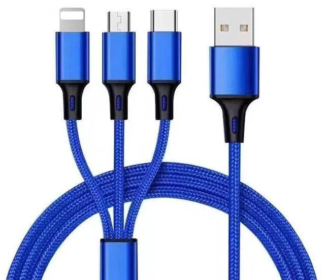 Main image of SOEWIOU 3A Fast Charging Braided 3-in-1 Cable, Multi Charger Cord for iPhone, Android, Type-C, Blue 47.24in