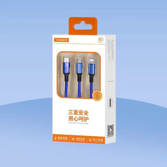 Alt view image 3 of 3 - SOEWIOU 3A Fast Charging Braided 3-in-1 Cable, Multi Charger Cord for iPhone, Android, Type-C, Blue 47.24in