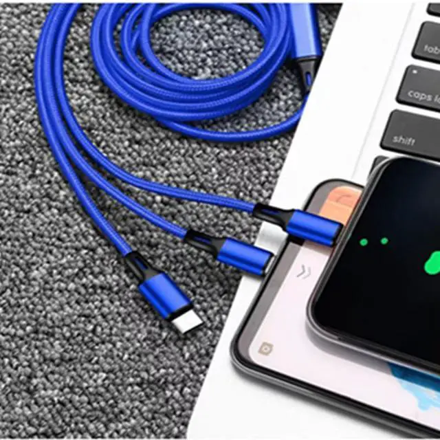 Alt view image 2 of 3 - SOEWIOU 3A Fast Charging Braided 3-in-1 Cable, Multi Charger Cord for iPhone, Android, Type-C, Blue 47.24in