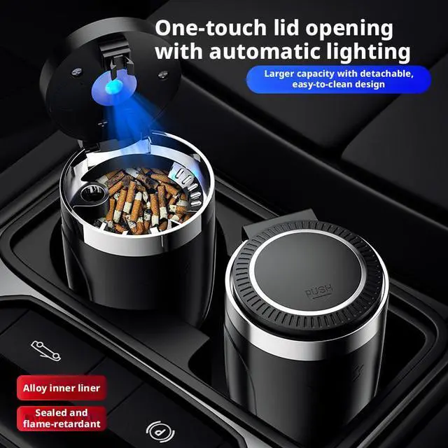 Alt view image 3 of 4 - SOEWIOU Blue Car Ashtray, One-Touch Open Lid Vehicle Ashtray with Metal Inner Liner, Soft LED Light Sealed Smokeproof Auto Ashtray