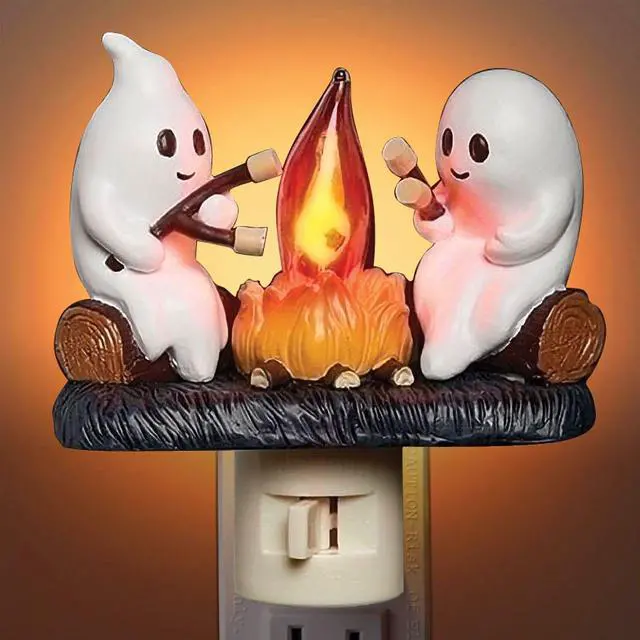 Main image of SOEWIOU Ghost Campfire Flickering Night Light, Cute Ghost Plug-In LED Nightlight, Warm Flickering Flame Decorative Lamp for Bedroom, Hallway, Nursery, Halloween & Home Decor