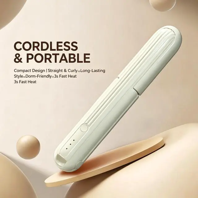 Alt view image 3 of 6 - SOEWIOU Wireless Mini Hair Straightener, Beige Negative Ion Flat Iron, Rechargeable USBC Straightening Curling Iron 2in1 Portable Travel Hair Styling Tool
