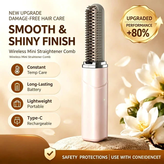 Main image of SOEWIOU Pink Mini Heated Hair Straightener Brush, Cordless Rechargeable 2in1 Straightening Curling Comb, Keratin Coating Constant Temp Portable Travel Hair Styling Tool