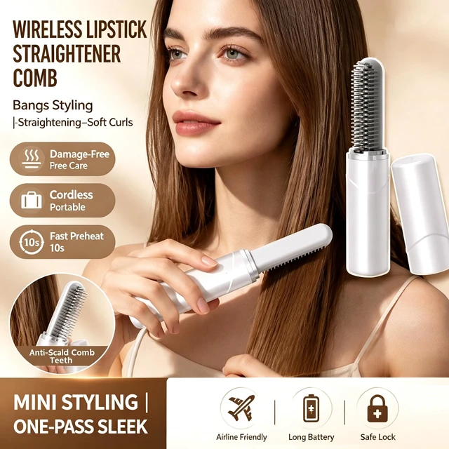 Alt view image 2 of 4 - SOEWIOU Pink Mini Heated Hair Straightener Brush, Cordless Rechargeable 2in1 Straightening Curling Comb, Keratin Coating Constant Temp Portable Travel Hair Styling Tool